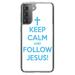 DistinctInk Clear Shockproof Hybrid Case for Galaxy S21 5G (6.2 Screen) - TPU Bumper Acrylic Back Tempered Glass Screen Protector - Keep Calm and Follow Jesus - Love of Christ