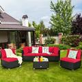 Costway 6PCS Patio Rattan Furniture Set Cushioned Sofa Coffee Table Red