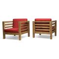 GDF Studio Cascada Outdoor Acacia Wood Club Chairs with Cushions Set of 2 Teak and Red