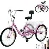 VEVOR Foldable Adult Tricycle 24 Wheels 1-Speed Pink Trike 3 Wheels Colorful Bike with Basket Portable and Foldable Bicycle for Adults Exercise Shopping Picnic Outdoor Activities