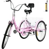 VEVOR Foldable Adult Tricycle 24 Wheels 7-Speed Trike 3 Wheels Trike with Basket Portable and Foldable Bicycle for Adults Exercise Shopping Picnic Outdoor Activities Pink