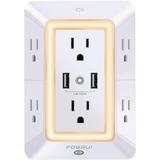 USB Wall Charger Surge Protector 6-Outlet Extender with 2 USB Charging Ports (2.4A Total) and Night Light 3-Sided Power Strip with Adapter Spaced Outlets - Whiteï¼ŒETL Listed