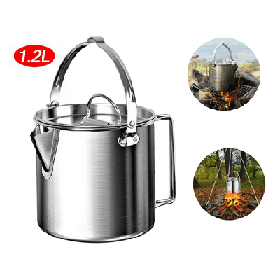 1.2L Picnic Camping Kettle Campfire Cooking Hanging Pan with Lid Portable Kettle