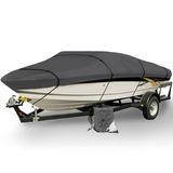 Gray Heavy Duty Waterproof Mooring Boat Cover Fits Length 12 13 14 Superior Trailerable Boat 600 Denier V-Hull Fishing Aluminum Ski Boat Pro Bass Inboard Outboard Boat Covers- Includes Support Pole
