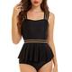 Peddney Strappy Tankini Swimsuits for Women Tummy Control Peplum Two Piece Bathing Suits with High Waisted Bikini Bottom, Black-black, Medium