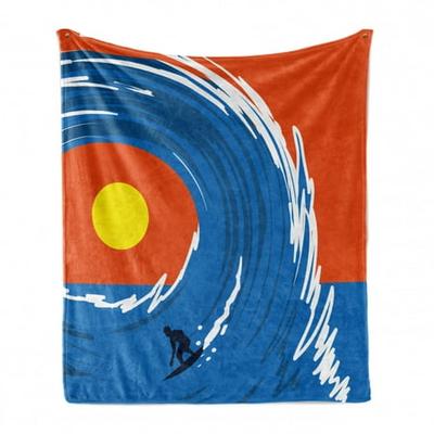 Lunarable Wave Soft Flannel Fleece Throw Blanket 60 x 80 Blue Wave with a Young Surfer Extreme Sports Fun Activity Hawaiian Cozy Plush for Indoor and Outdoor Use Orange Blue White