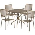 Flash Furniture Commercial Grade 35.25 Round Gold Indoor-Outdoor Steel Patio Table Set with 4 Square Back Chairs