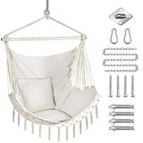 Hammock Chair Hanging Swing 2 Seat Cushions Included Durable Spreader Bar Soft Cotton Weave Hanging Chair Side Pocket Large Tassel Chair Set Foot Rest Support Calf Foot Extra Comfortable -Beige