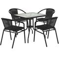 Flash Furniture 28 Square Glass Metal Table with Black Rattan Edging and 4 Black Rattan Stack Chairs