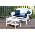 White Wicker Patio Love Seat And Coffee Table Set With Blue Cushion