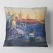 Designart 'Blue Tram At Sunset With Church During Sunset' Nautical & Coastal Printed Throw Pillow