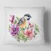 Designart 'Cute Bird In Pink and Purple Flowers' Traditional Printed Throw Pillow