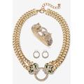 Women's Gold Tone Leopard Collar Necklace, Earring and Bracelet Set by PalmBeach Jewelry in Emerald