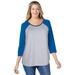 Plus Size Women's Three-Quarter Sleeve Baseball Tee by Woman Within in Heather Grey Bright Cobalt (Size L) Shirt