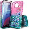 Nagebee Case for Motorola Moto G Power 2021 with Tempered Glass Screen Protector (Full Coverage) Sparkle Glitter Flowing Liquid with Shiny Bling Diamond Women Girls Cute Case (Pink/Aqua)