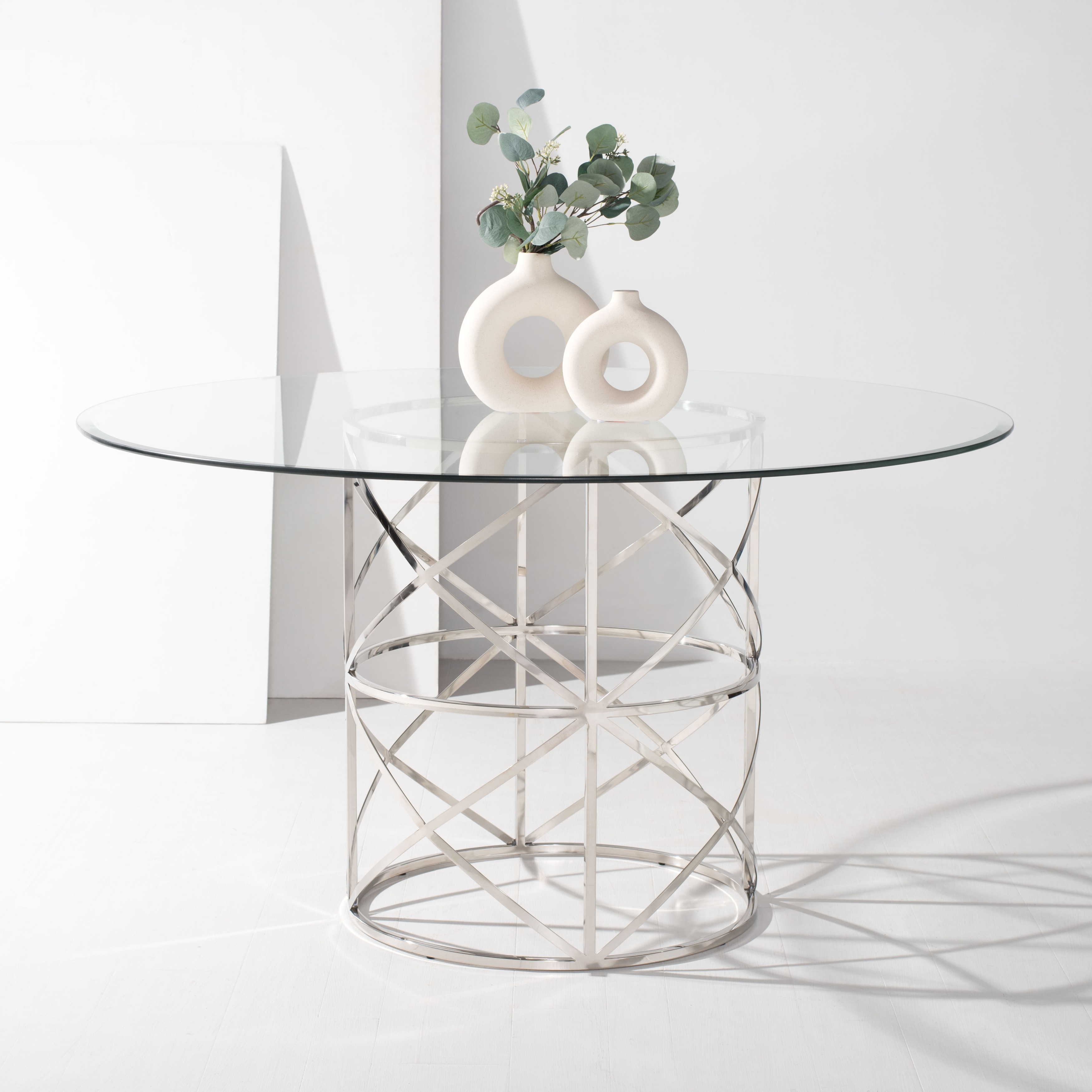 SAFAVIEH Couture Ren Chrome Round Glass Top Dining Table / Chrome - Polished Stainless