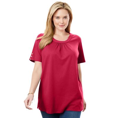Plus Size Women's Perfect Button-Sleeve Shirred Scoop-Neck Tee by Woman Within in Classic Red (Size 1X) Shirt