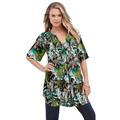 Plus Size Women's Short-Sleeve Angelina Tunic by Roaman's in Chocolate Painted Flowers (Size 28 W) Long Button Front Shirt
