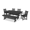 POLYWOOD® Traditional Garden Arm Chair 6-Piece Farmhouse Outdoor Dining Set w/ Trestle Legs & Bench Plastic in Black | Wayfair PWS431-1-BL