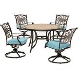 Hanover Monaco 5-Piece Dining Set in Blue with Four Swivel Rockers and a 51 In. Tile-Top Table