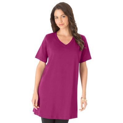 Plus Size Women's Short-Sleeve V-Neck Ultimate Tunic by Roaman's in Raspberry (Size M) Long T-Shirt Tee