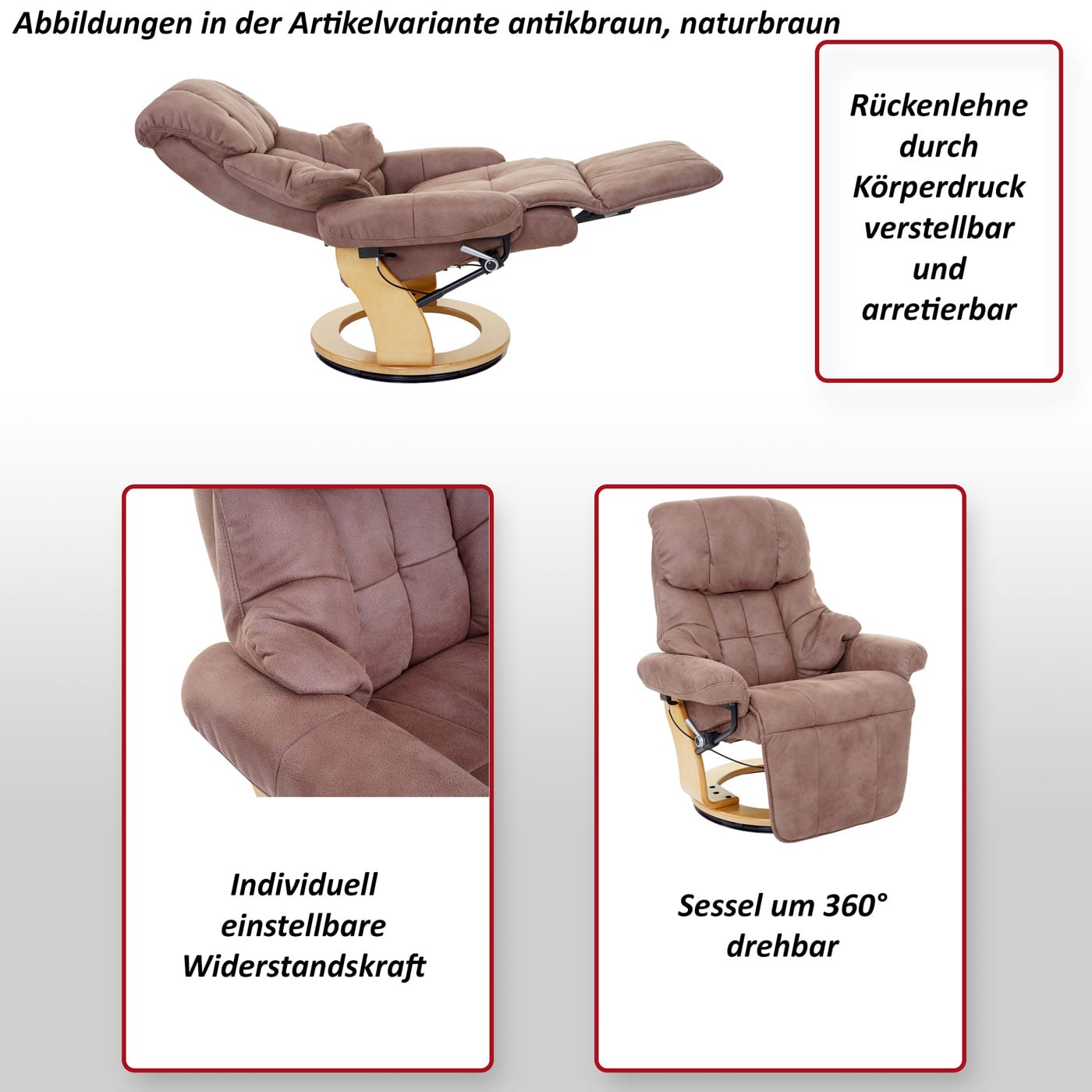 MCA Relaxsessel Calgary 2, Fernsehsessel Sessel, Stoff/Textil 150kg belastbar ~ braun-schwarz, Walnuss-Optik Image