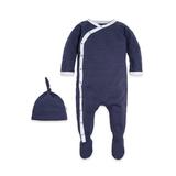Burt's Bees Baby Jaquard Stripe Kimono Footed Coverall & Knot Top Hat, 2pc Outfit Set (Baby Boys or Baby Girls, Unisex)