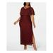 CONNECTED APPAREL Womens Burgundy Sequined Lace Slitted Short Sleeve V Neck Maxi Sheath Formal Dress Size 20W