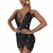 Binpure Sexy Women Sequins Glitter Sparkle Deep V Neck Halter Backless Bodycon Short Mini Dress Evening Party Dress