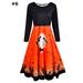 Julycc Womens Halloween Party Vintage Pumpkin Print Long Sleeve Skater Dress