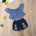 1-6Years Toddler Kid Baby Girl Clothing Set Off Shoulder Top Dot T shirts Ripped Denim Shorts Outfit Summer Kid Costumes