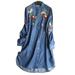 Jocestyle Denim Floral Embroidery Long Sleeve Female Button Dresses (Dark Blue S)