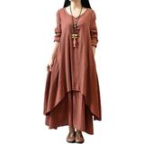 Sexy Dance Women Cotton Linen Maxi Sundress Long Sleeve Pleated Vintage Swing Dress Elegant Buttons A Line Dress For Lady Smock Hem Tunic Dress Plus Size