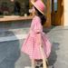 Altsales Summer Baby Girl Lovely Sweet Dress Waist Pink Small Plaid Print Half Sleeve Dresses Knee-Length Crew-Neck Kids A-Line Skirt