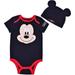 Disneys Mickey Mouse Bodysuit and Cap, Play or Nap Onesie, Baby's Romper Set, Black, Size 18M