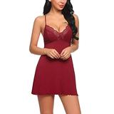 Frecoccialo Women Lace Sleepwear Deep V Neck Hot Erotic Nightie Nightgown Sleep Wear (Red,X-Large)