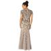 Adrianna Papell Beaded Long Dress with Short Sleeves and Godets Mercury/Nude