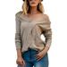 Women's Oversized Off Shoulder Pullover Tops Long Sleeve Loose Fit Waffle Knit Tops Front Cross Hollow Knit Tops, Khaki-S