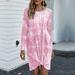 Women Plus Size Elegant Dress Tie-Dye Print Long Sleeves O Neck Loose Casual Beach Loose Dress