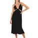 Calsunbaby Women Solid Color Slip Dress Hollow Suspender Deep V-neck Sleeveless Mid-waist Mid-length Dress