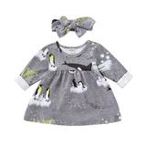Baby Girls Penguin Patterned Dress with Bow Headband 2 Pcs Outfits Clothes Set