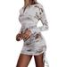 Forzero Spring and summer ladies sexy round neck printed ruffled tie long-sleeved dress, printed ruffled tie long-sleeved slim women's casual fashion dress
