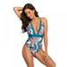 Women's 3D Floral Printed One-Piece Swimsuits Plunge V Neck Bikini Sexy Swimwears Bathing Suit