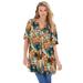Plus Size Women's Short-Sleeve Angelina Tunic by Roaman's in Orange Painted Flowers (Size 44 W) Long Button Front Shirt