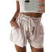 New Women's Beach Mid Waist Solid Color Fashion Sashes Cotton Shorts Casual Loose Shorts Waist -Paper-Bag Drawstring Ruffled Tie Front Shorts