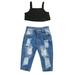 Seyurigaoka Toddler Girls Clothes Set Ribbed Knit Cropped Camisole+Ripped Jeans