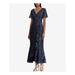 RALPH LAUREN Womens Navy Gown Jacquard Short Sleeve V Neck Tea-Length Faux Wrap Evening Dress Size: 4