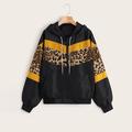 Womens Long Sleeve Leopard Thin Skin Hooded Zip Stitching Outwear Coat