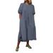 VONDA Women Round Neck Puff Sleeve Loose Casual Solid Cotton Dress