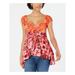 FREE PEOPLE Womens Red Lace Floral Cap Sleeve V Neck Baby Doll Top Size L